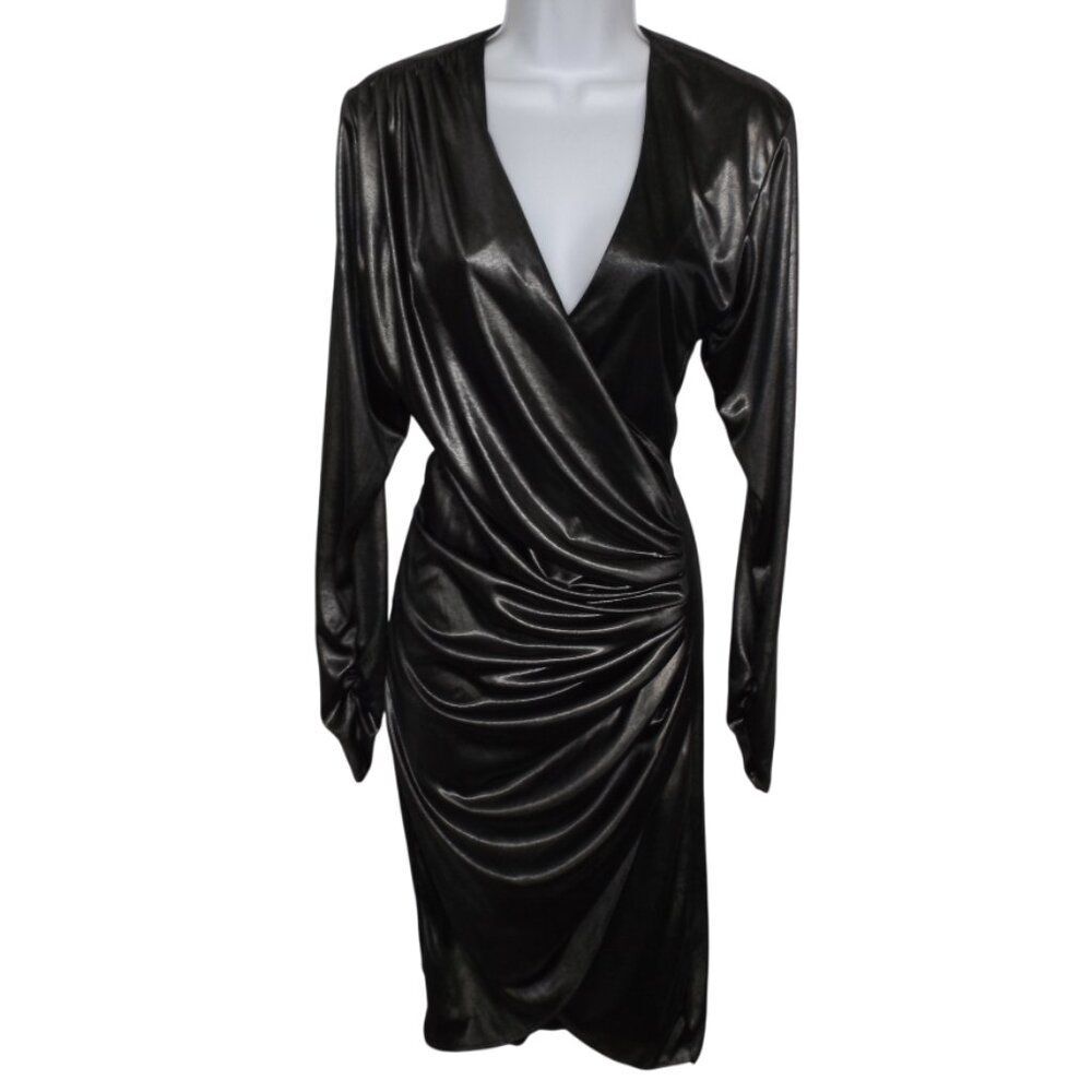 CLIMAX Karen Okada Dress, XS, Pewter Lame, Ruched/Gathered Hip, V-neckline